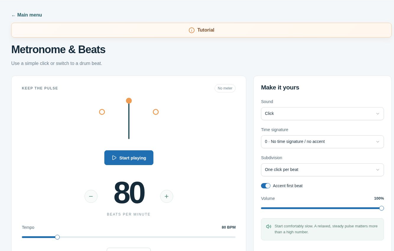 The real Music Toolbox app, showing an 80 BPM metronome, tempo controls, and beat settings